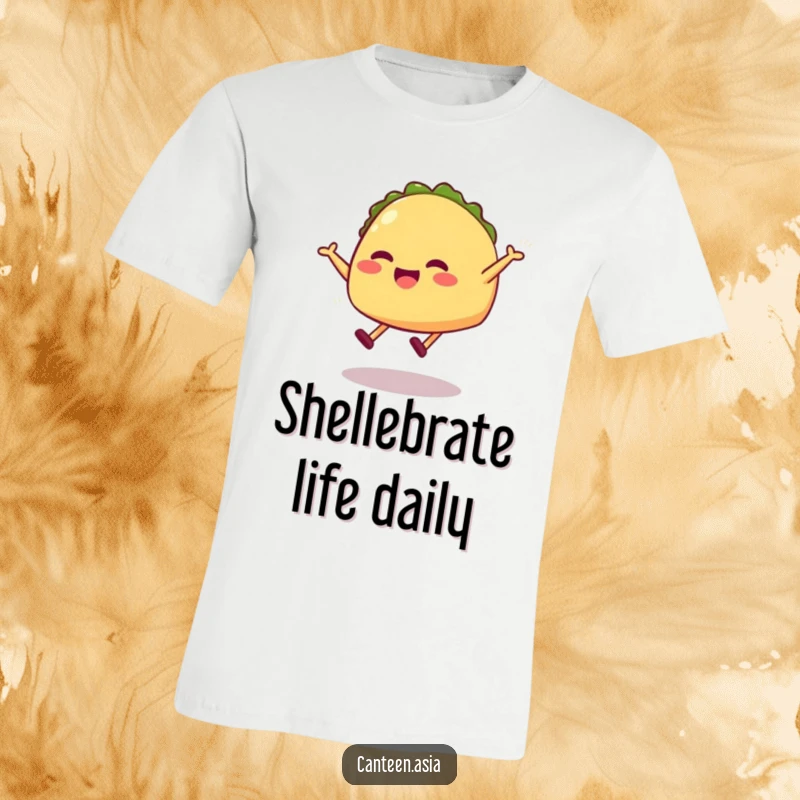 Funny taco t-shirt featuring a grinning taco with little legs joyfully performing a playful jump.