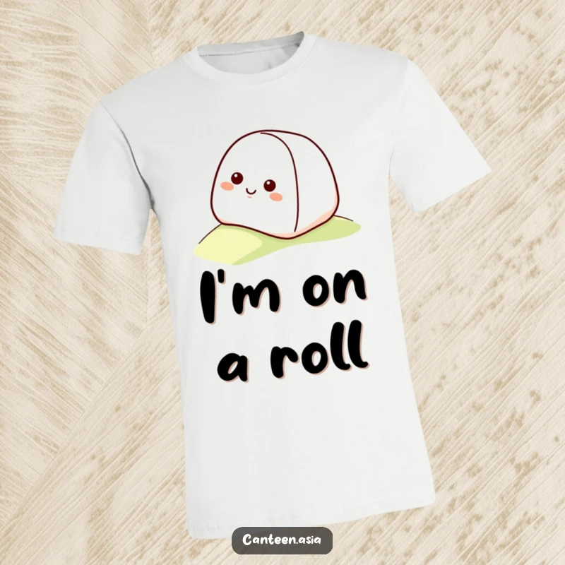 Funny onigiri t-shirt depicting a smiling onigiri with a happy face leisurely rolling down a slope.