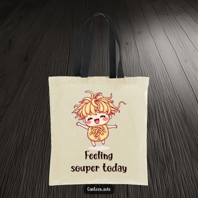 Funny ramen tote bag showing a delighted ramen with noodle hair doing a lively silly dance.