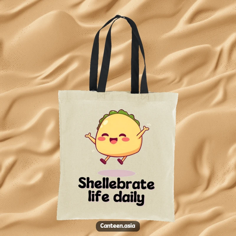 Funny taco tote bag depicting a grinning taco with legs performing an enthusiastic, playful jump.
